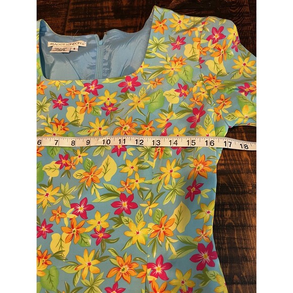 Maggy London Dress Womens 4 Blue Floral Silk Short Sleeve Fitted Sheath Spring - Picture 5 of 6